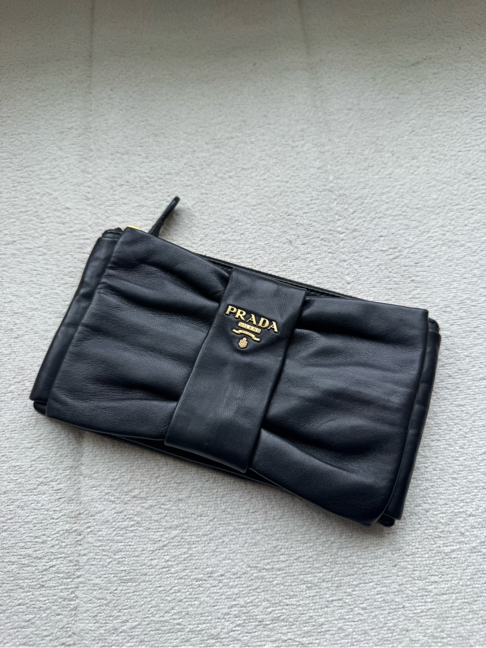 Prada Black Leather Bow Clutch with Gold Logo